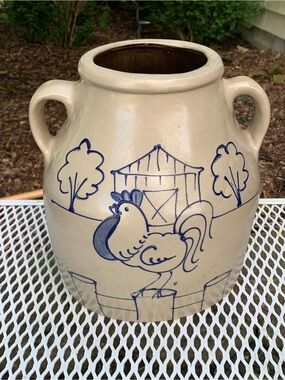 Vintage Beaumont Brothers Bros Pottery BBP Rooster Farm Scene Salt Glazed Crock